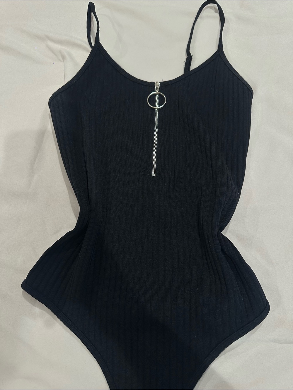 Black Ribbed Zip-Front Spaghetti Strap Bodysuit